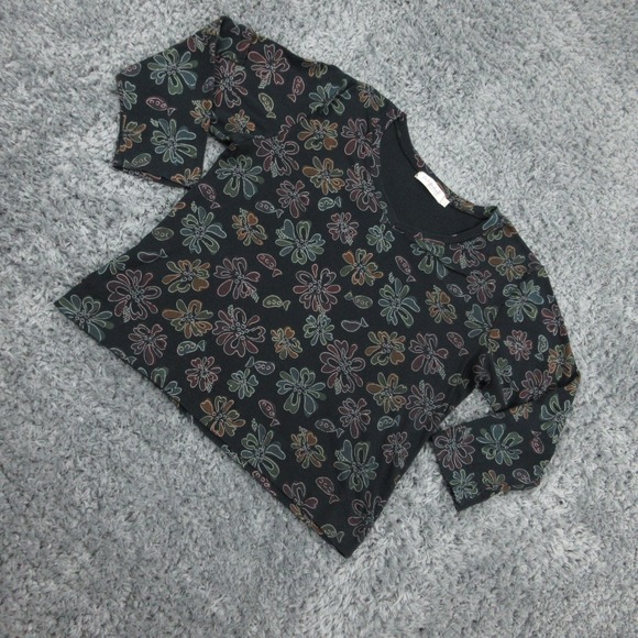 Fresh Produce Shirt Womens Large Black Floral Print Made USA Pullover Top Cotton - Picture 2 of 15